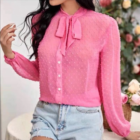 Pink Swiss Dots Tie Neck Blouse - Picture 2 of 6